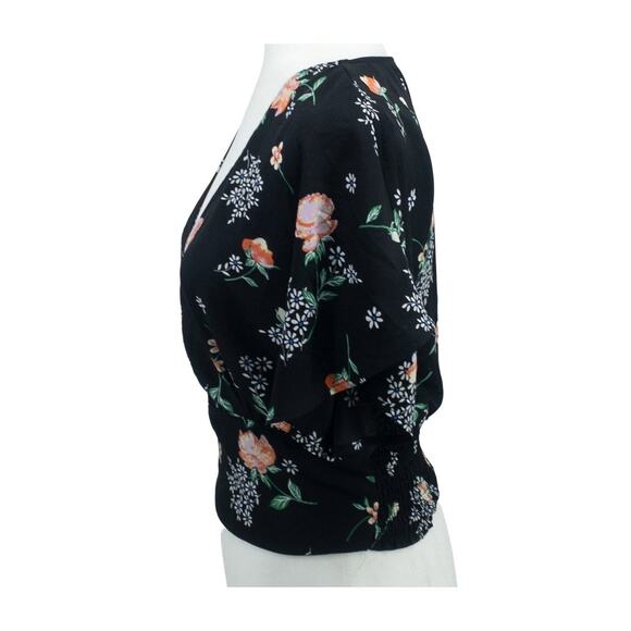 Living Doll LA Black Floral Surplice Blouse Small Flutter Sleeves - Picture 2 of 12